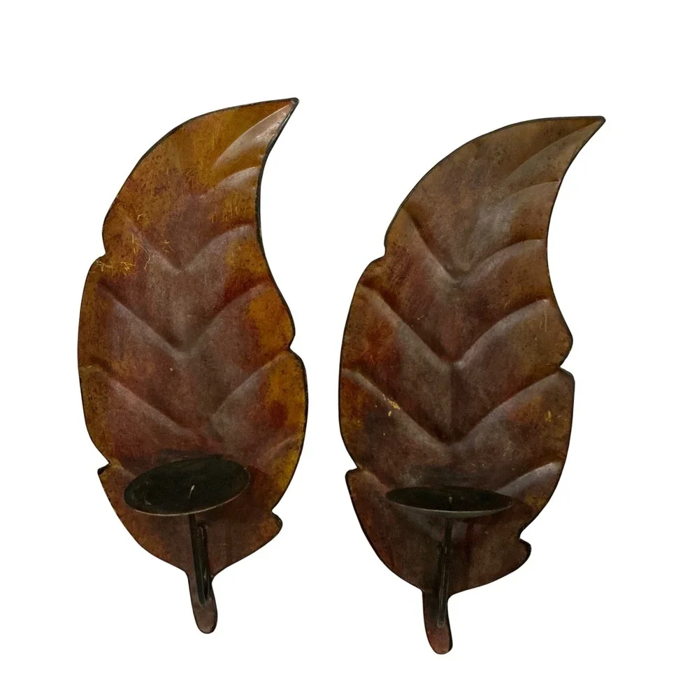 Vintage Metal Leaf Wall Sconces Set of 2 Copper Rust Finish Candle Holders 12in